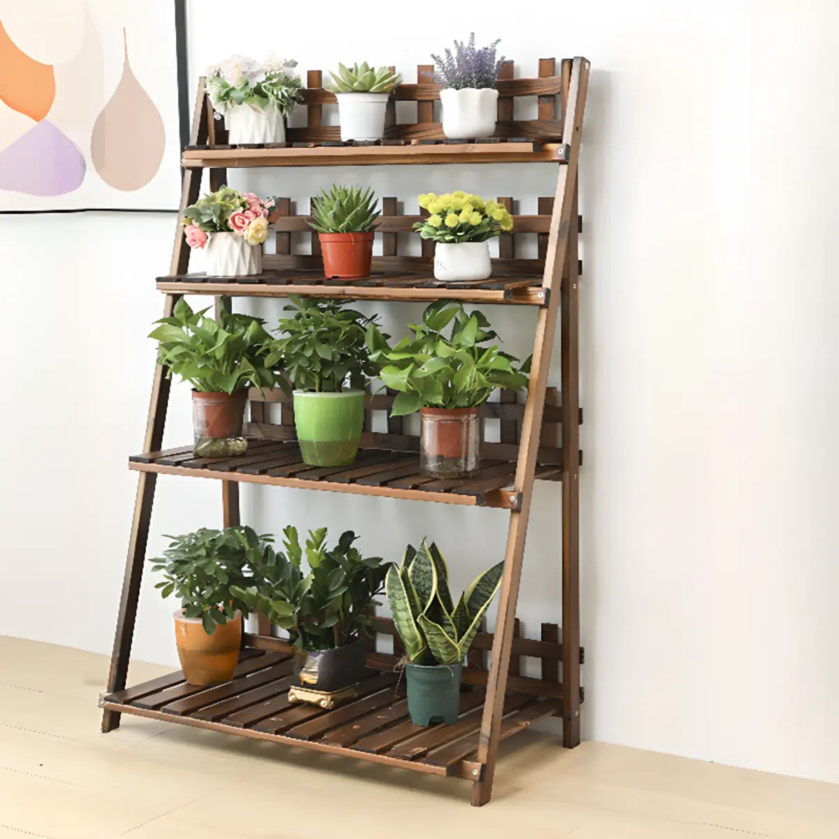 Foldable Brown Floor Wood Ladder Crate Pine Plant Stand Image - 14