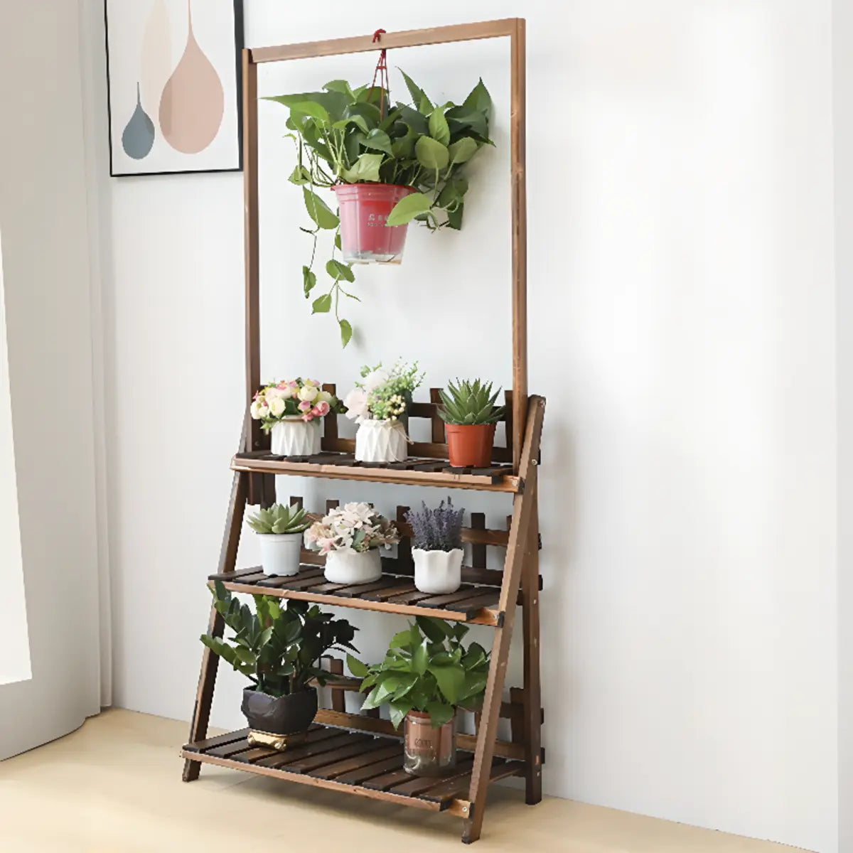Foldable Brown Floor Wood Ladder Crate Pine Plant Stand Image - 15