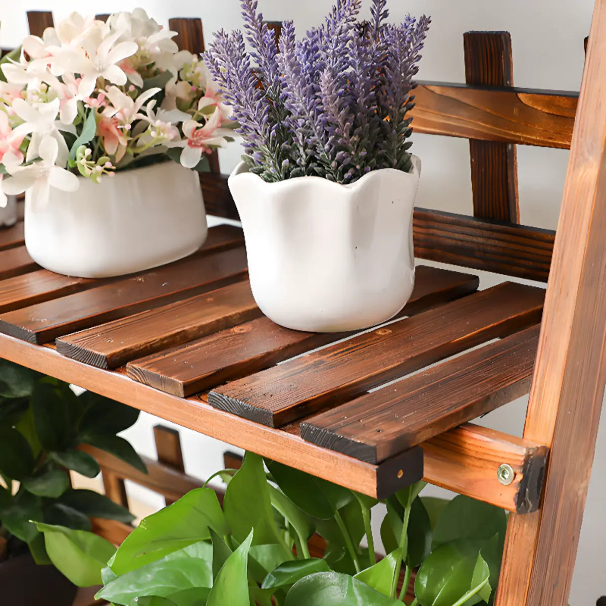 Foldable Brown Floor Wood Ladder Crate Pine Plant Stand Image - 16
