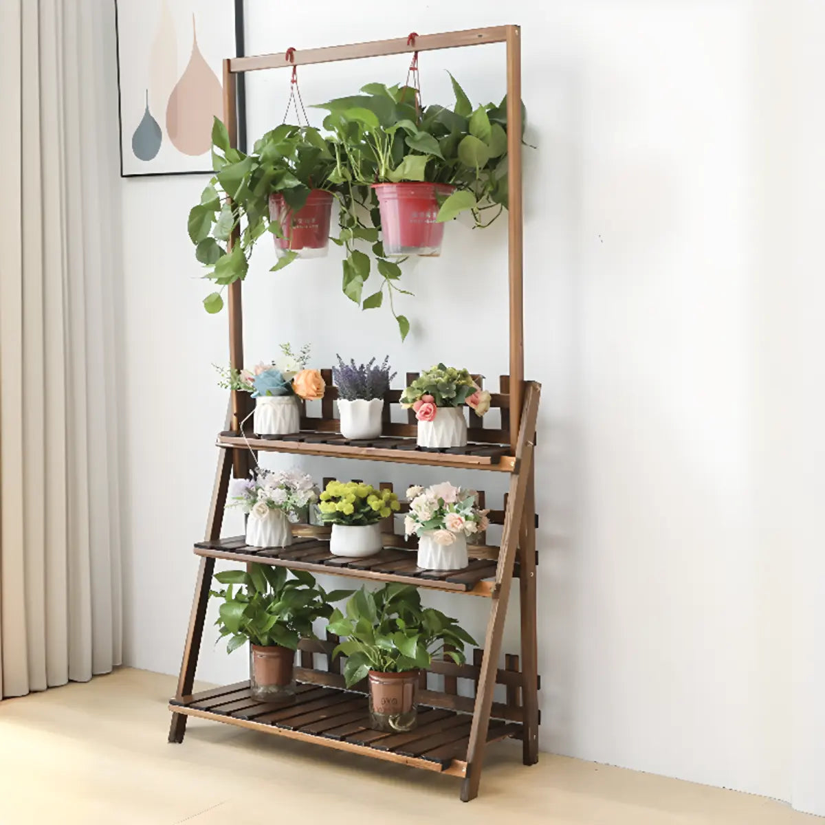 Foldable Brown Floor Wood Ladder Crate Pine Plant Stand Image - 18