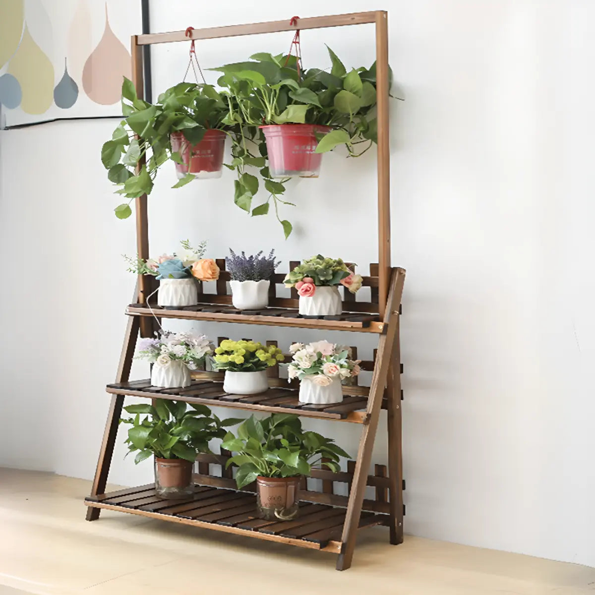 Foldable Brown Floor Wood Ladder Crate Pine Plant Stand Image - 19
