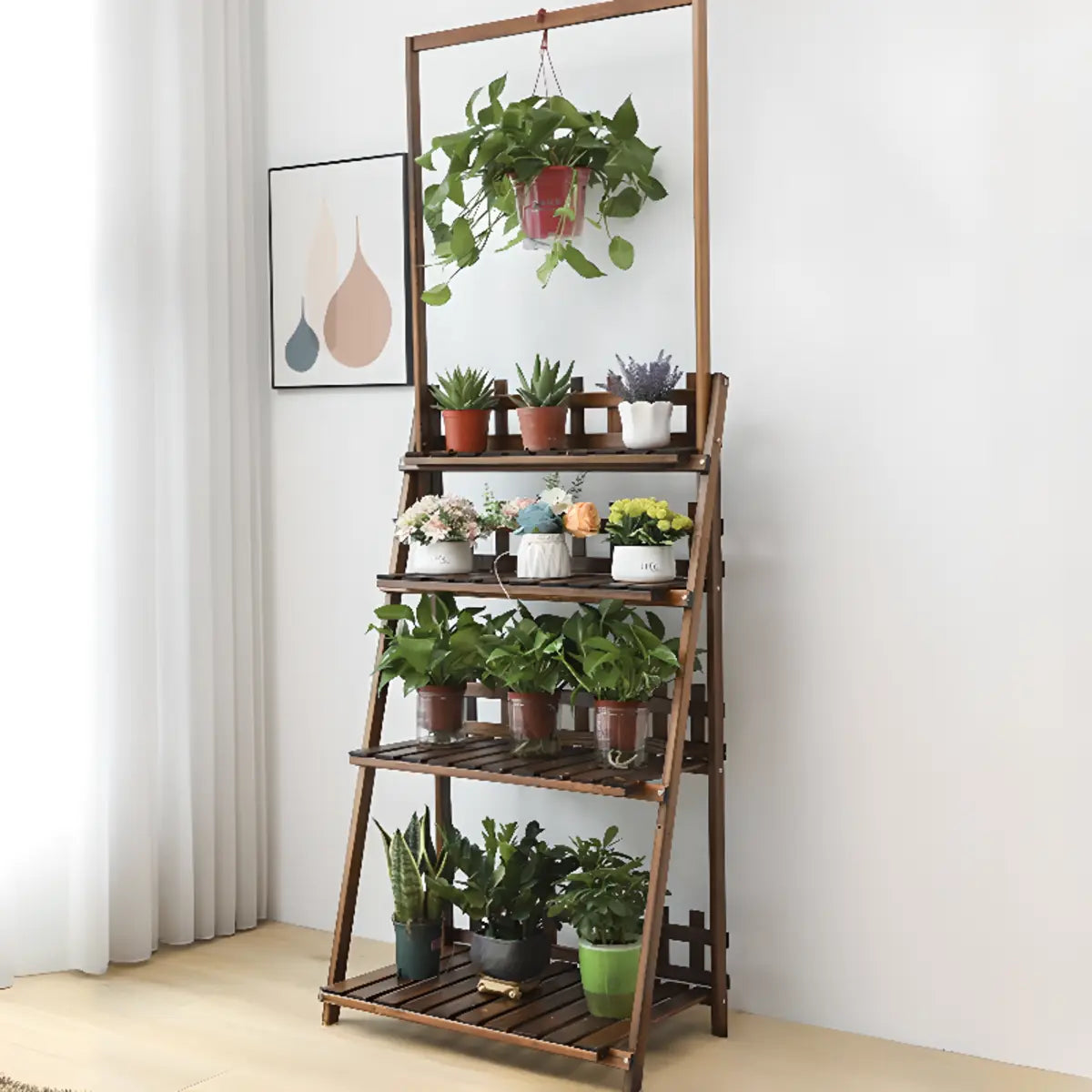 Foldable Brown Floor Wood Ladder Crate Pine Plant Stand Image - 20