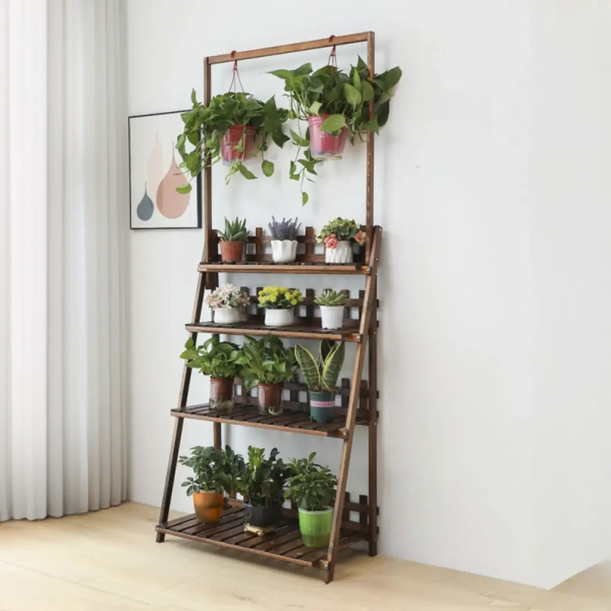 Foldable Brown Floor Wood Ladder Crate Pine Plant Stand Image - 21