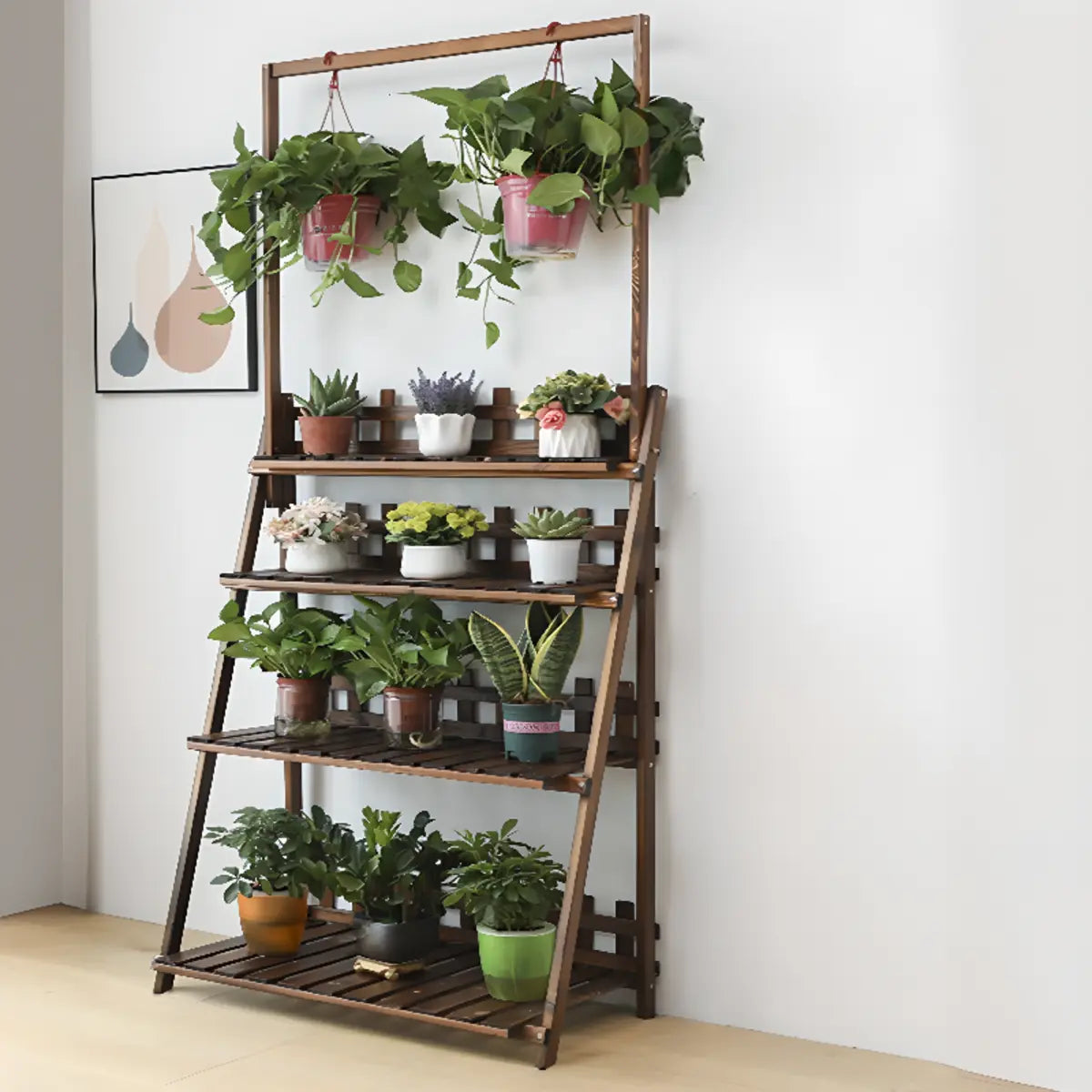 Foldable Brown Floor Wood Ladder Crate Pine Plant Stand Image - 22