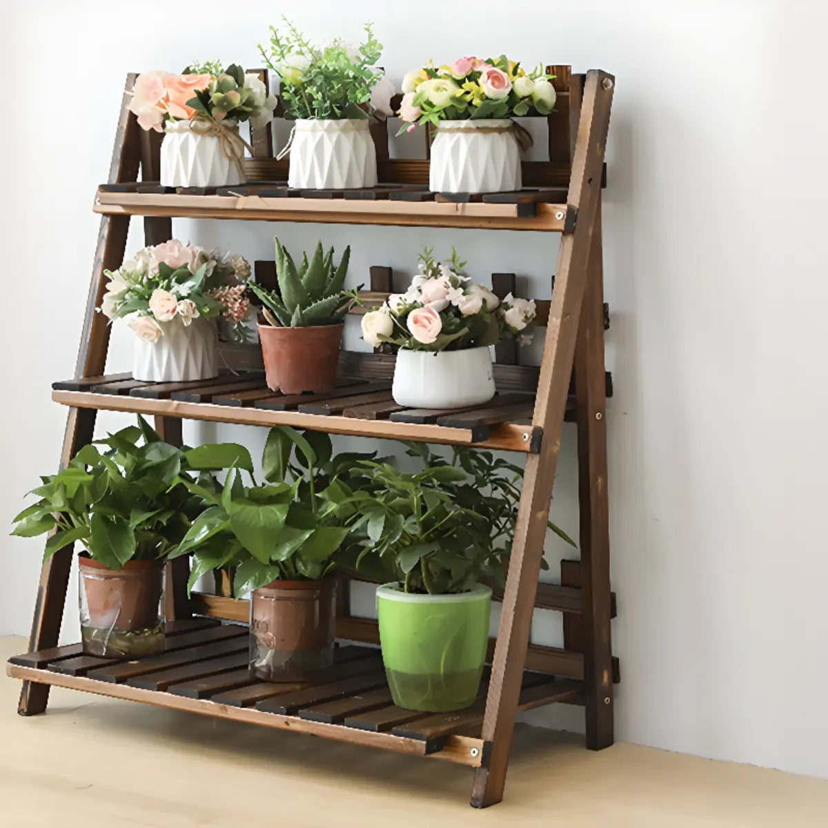 Foldable Brown Floor Wood Ladder Crate Pine Plant Stand Image - 3