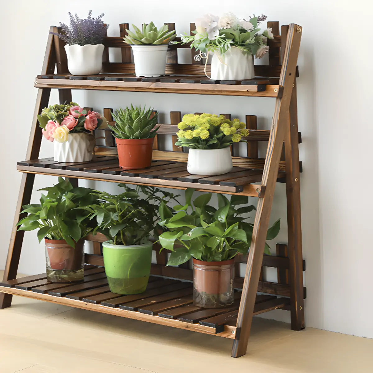 Foldable Brown Floor Wood Ladder Crate Pine Plant Stand Image - 5