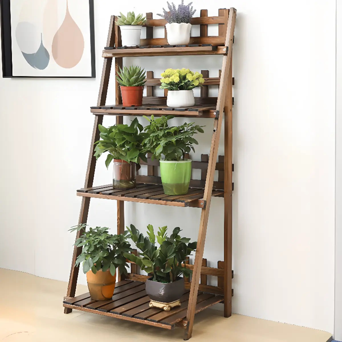 Foldable Brown Floor Wood Ladder Crate Pine Plant Stand Image - 8