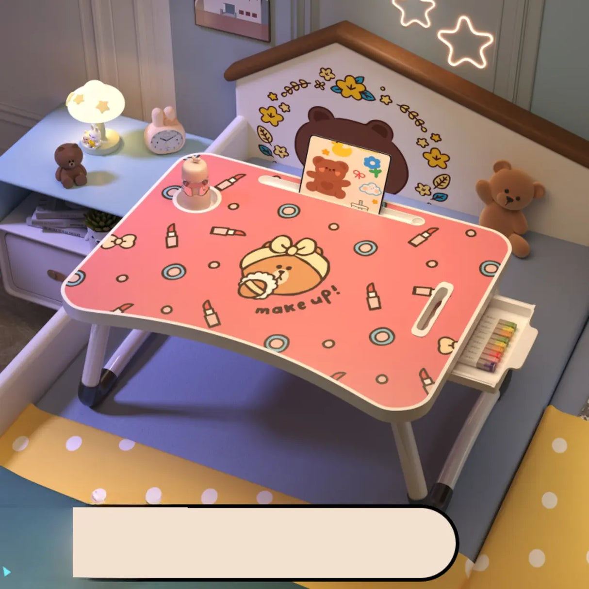 Foldable Cartoon Pattern Wood Top Metal Kids Bed Desk Image - 10