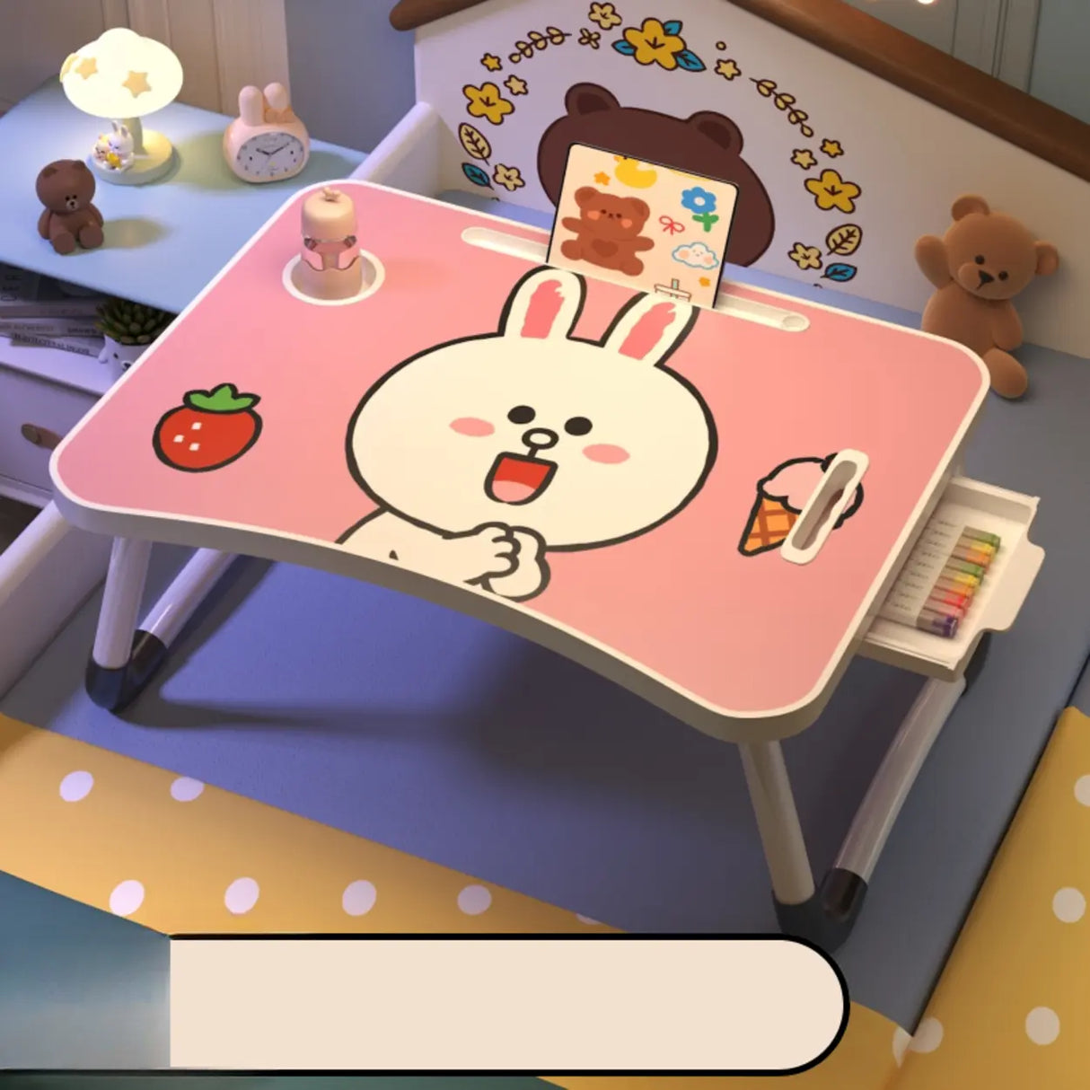 Foldable Cartoon Pattern Wood Top Metal Kids Bed Desk Image - 12