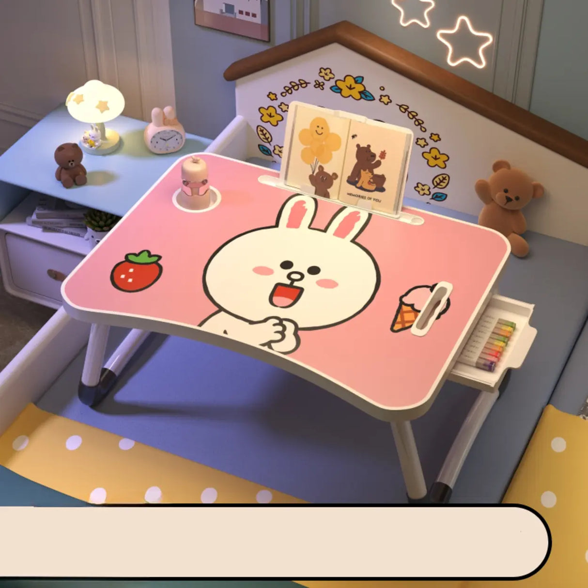 Foldable Cartoon Pattern Wood Top Metal Kids Bed Desk Image - 13