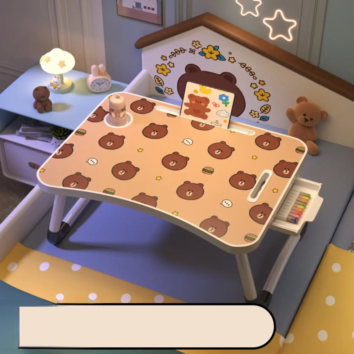 Foldable Cartoon Pattern Wood Top Metal Kids Bed Desk Image - 18