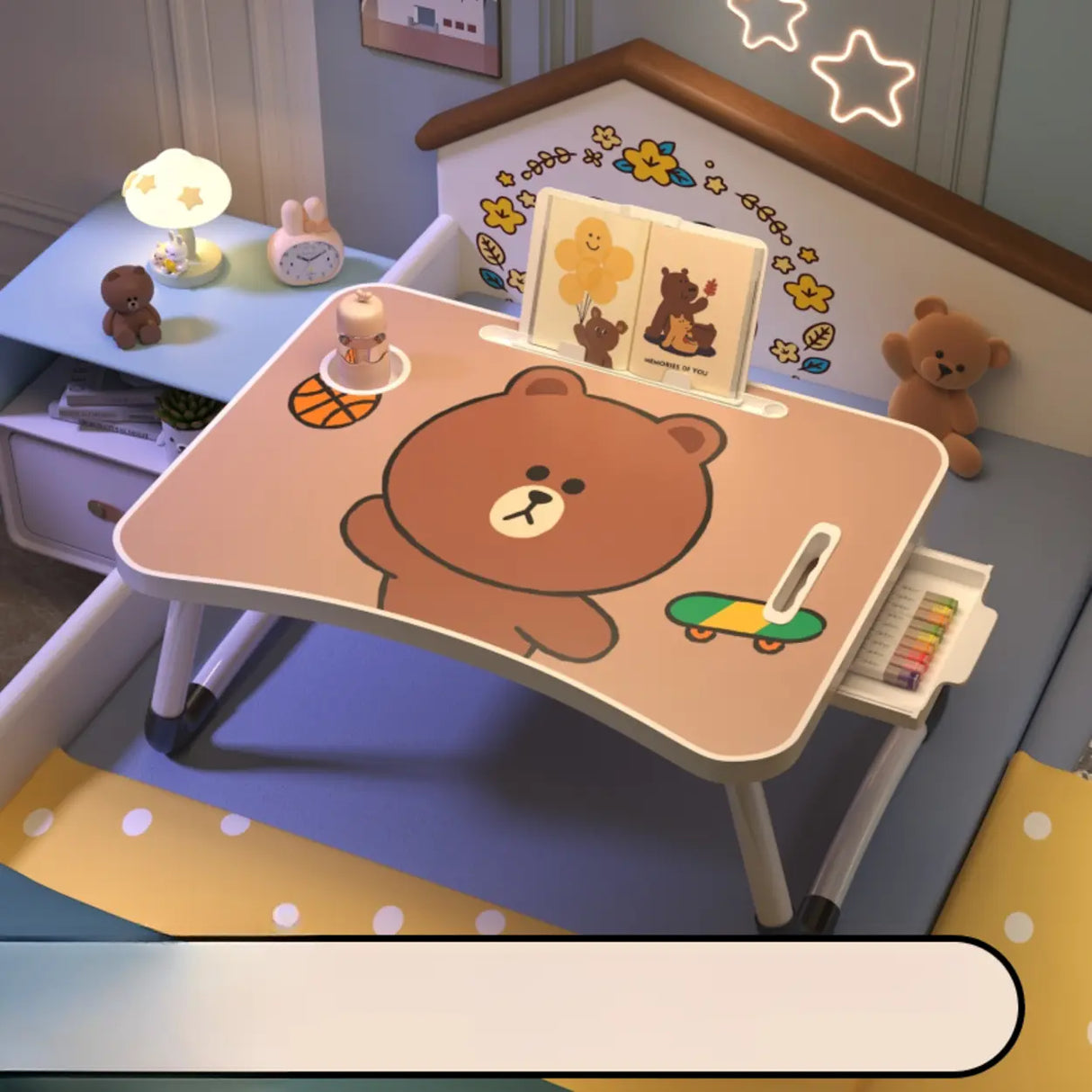 Foldable Cartoon Pattern Wood Top Metal Kids Bed Desk Image - 22