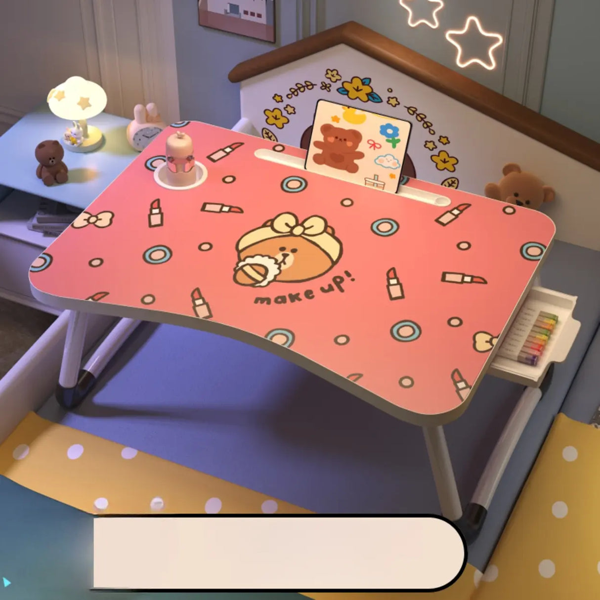 Foldable Cartoon Pattern Wood Top Metal Kids Bed Desk Image - 27