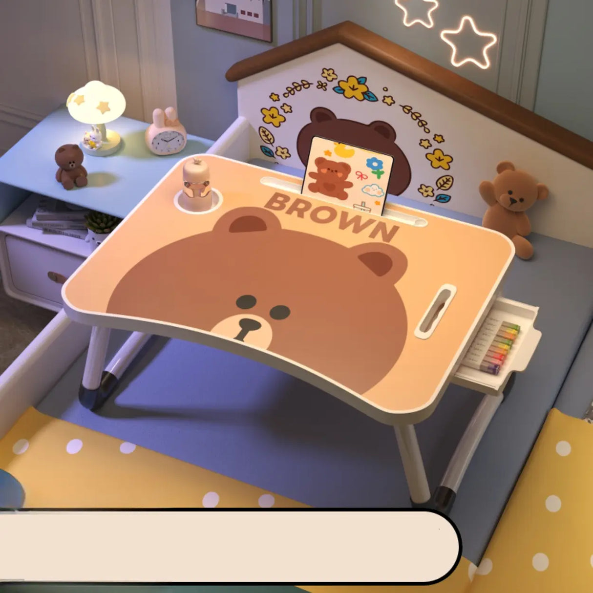 Foldable Cartoon Pattern Wood Top Metal Kids Bed Desk Image - 3