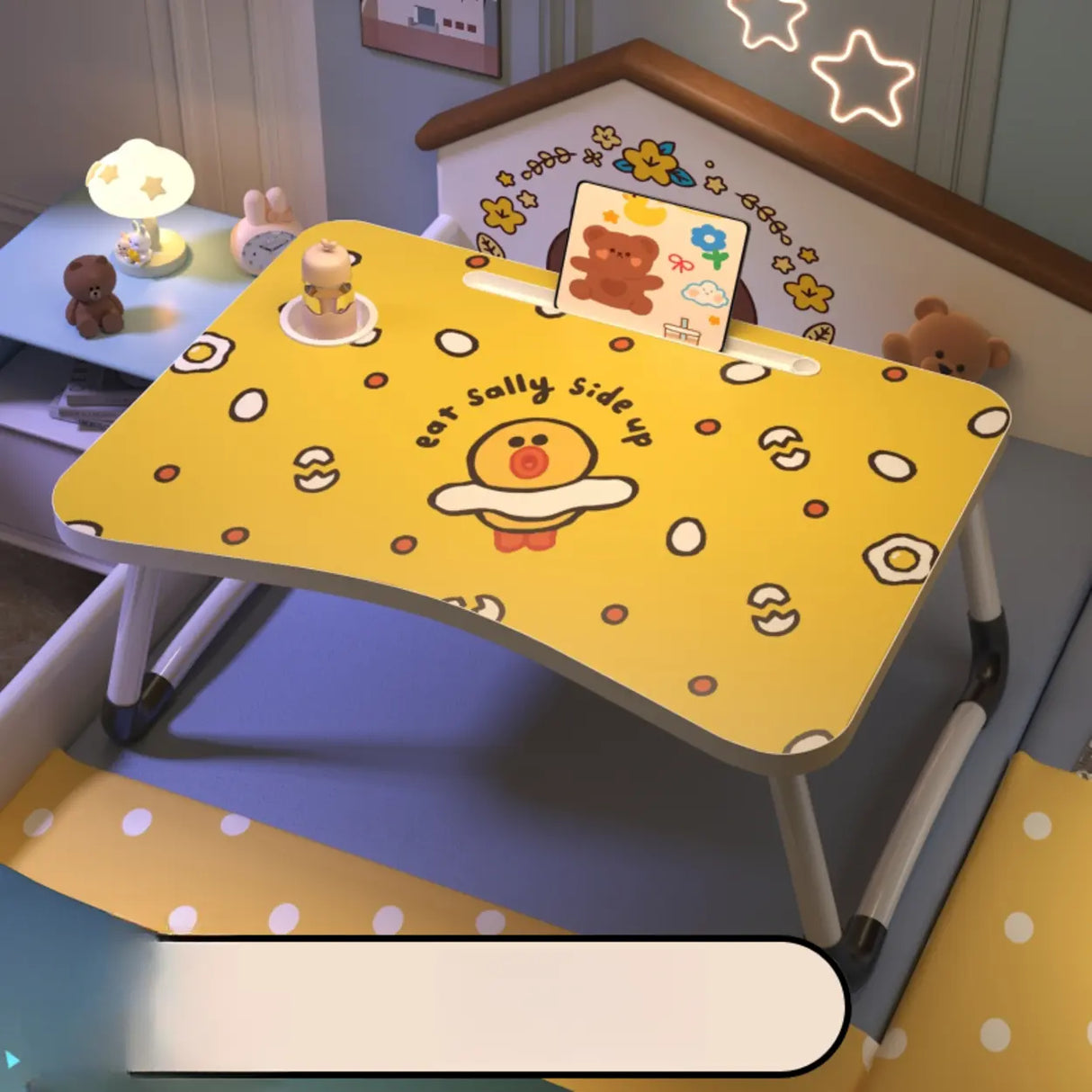 Foldable Cartoon Pattern Wood Top Metal Kids Bed Desk Image - 30