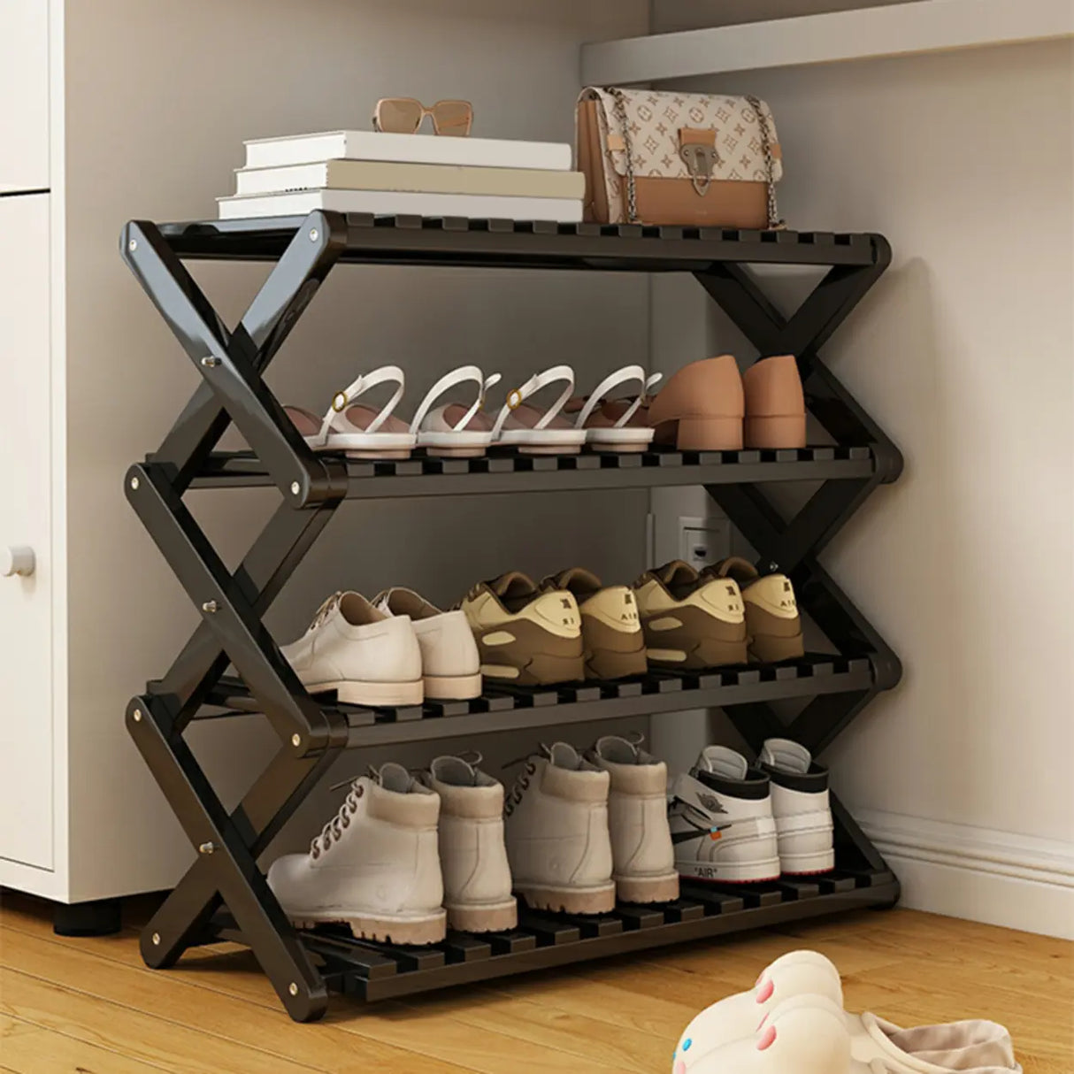 Foldable Metal Entryway Black Free Standing Shoe Rack Image - 1