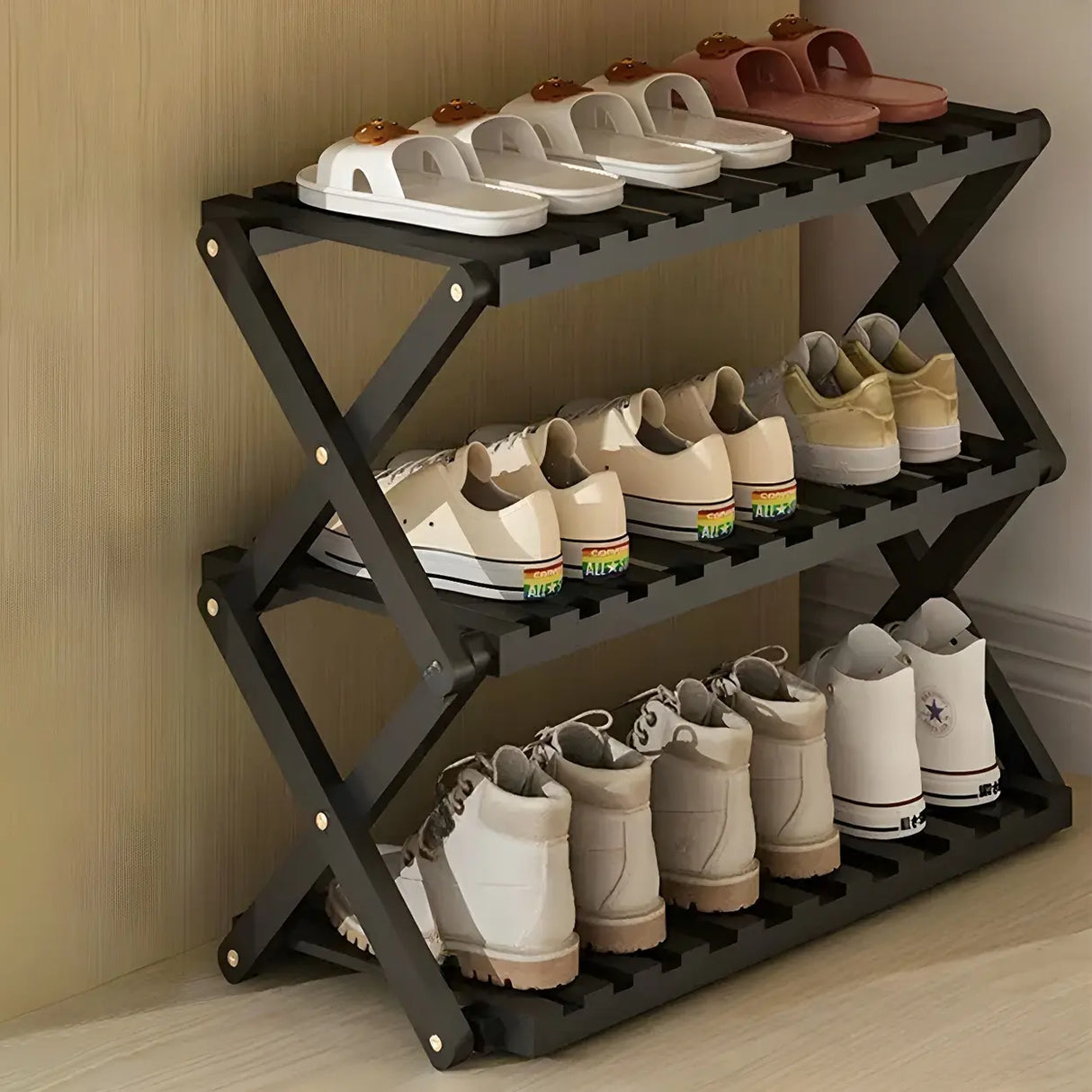 Foldable Metal Entryway Black Free Standing Shoe Rack Image - 10