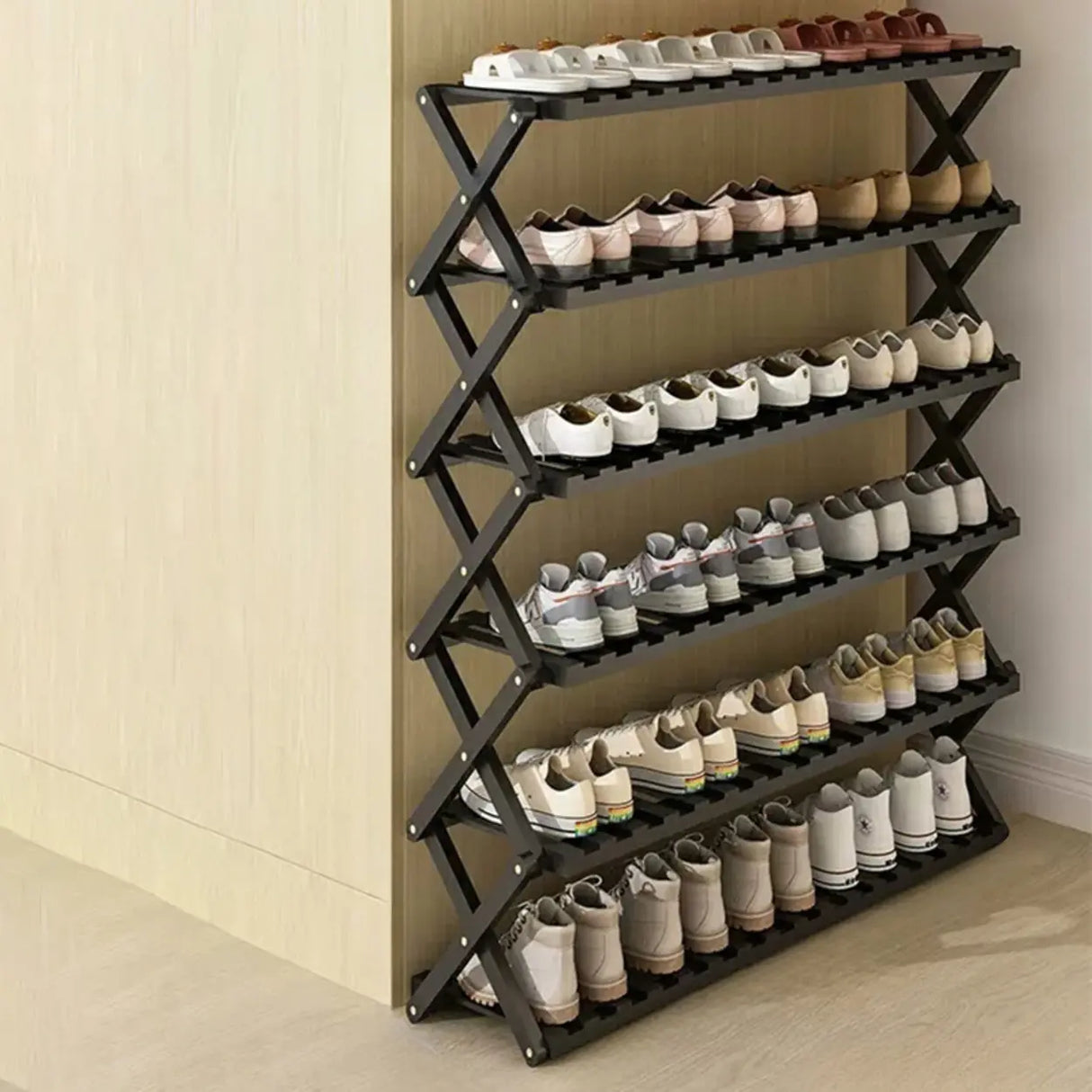 Foldable Metal Entryway Black Free Standing Shoe Rack Image - 19
