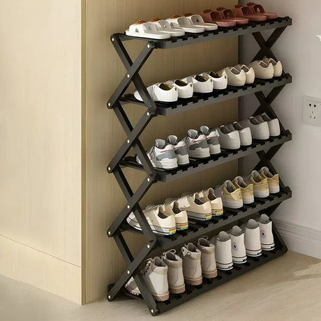 Foldable Metal Entryway Black Free Standing Shoe Rack Image - 2