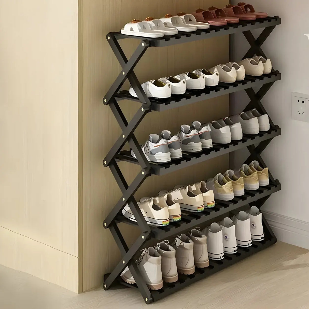 Foldable Metal Entryway Black Free Standing Shoe Rack Image - 2