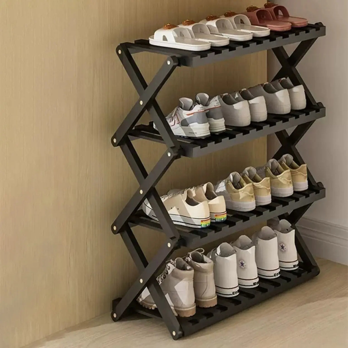 Foldable Metal Entryway Black Free Standing Shoe Rack Image - 21
