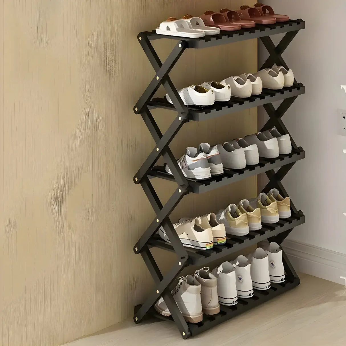 Foldable Metal Entryway Black Free Standing Shoe Rack Image - 27