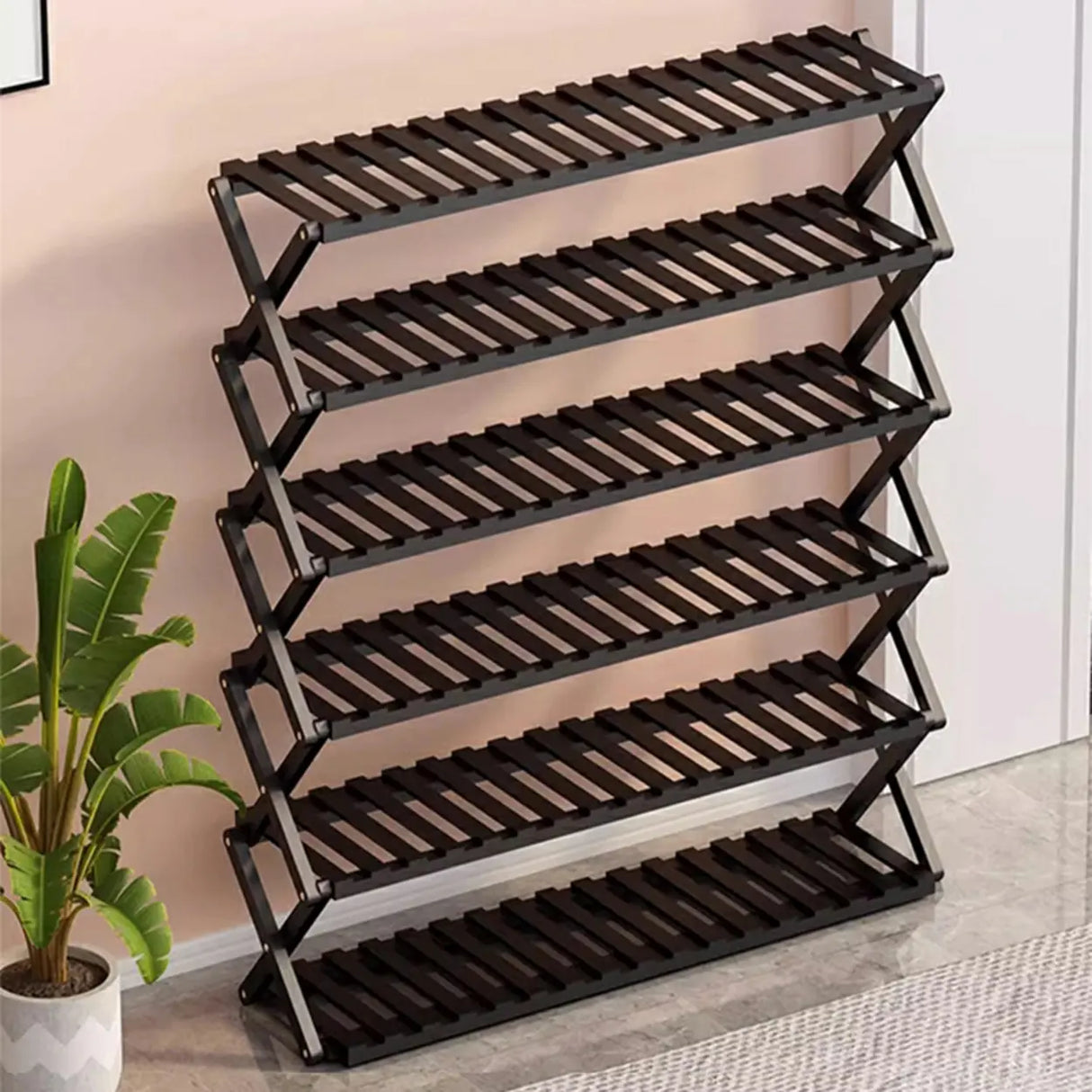 Foldable Metal Entryway Black Free Standing Shoe Rack Image - 3
