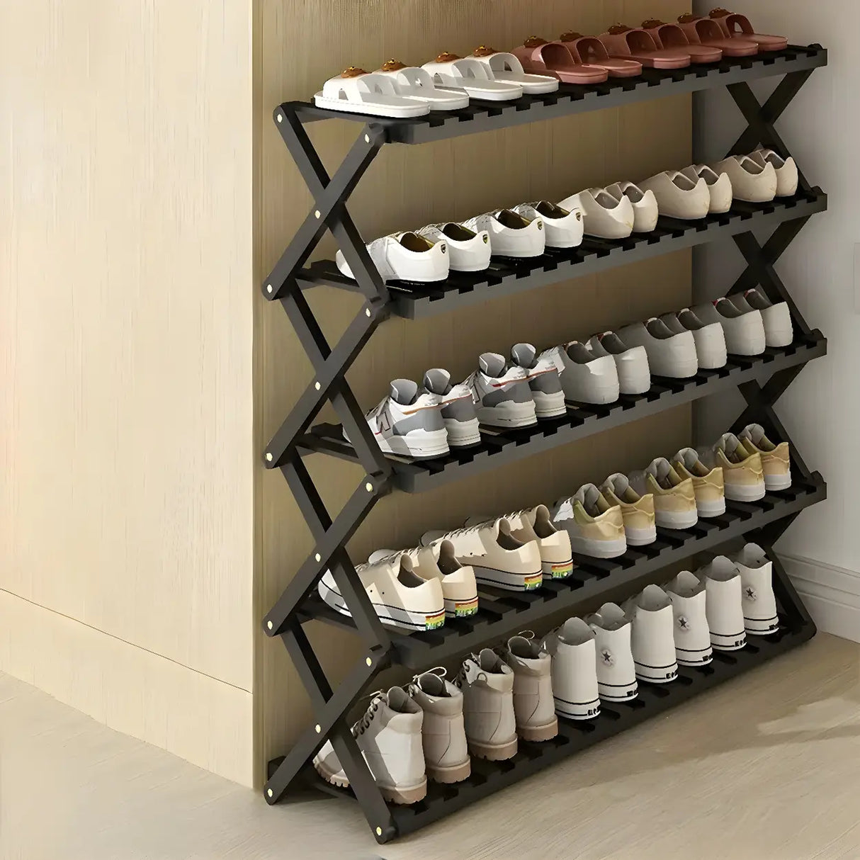 Foldable Metal Entryway Black Free Standing Shoe Rack Image - 38