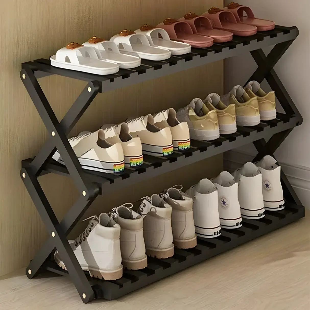 Foldable Metal Entryway Black Free Standing Shoe Rack Image - 43