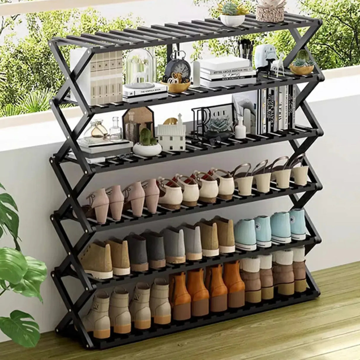 Foldable Metal Entryway Black Free Standing Shoe Rack Image - 7