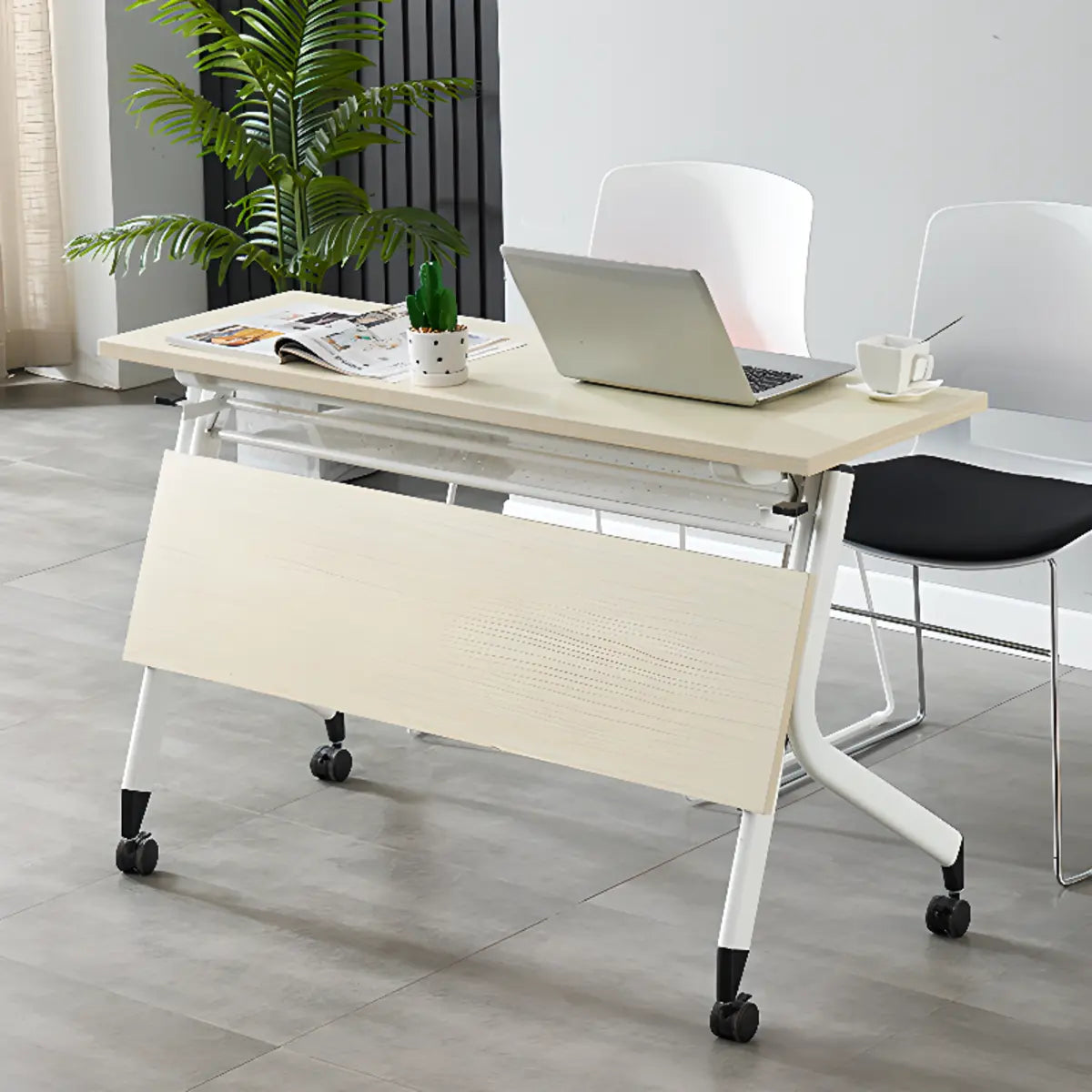 Foldable Movable Wooden Shelf Double Computer Desk Image - 10