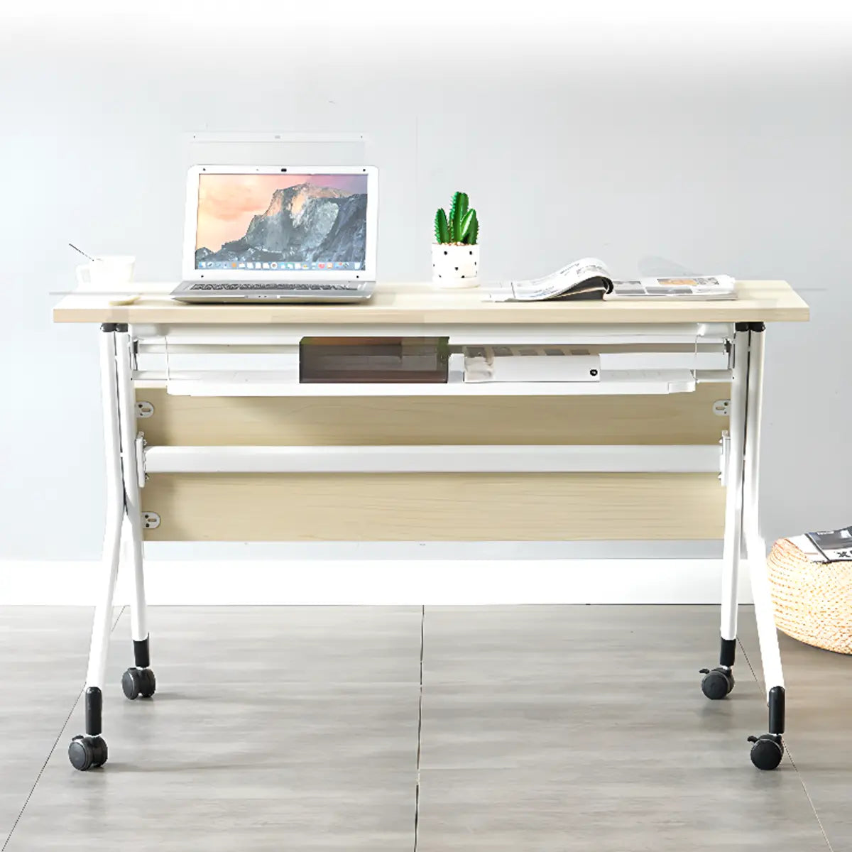 Foldable Movable Wooden Shelf Double Computer Desk Image - 6