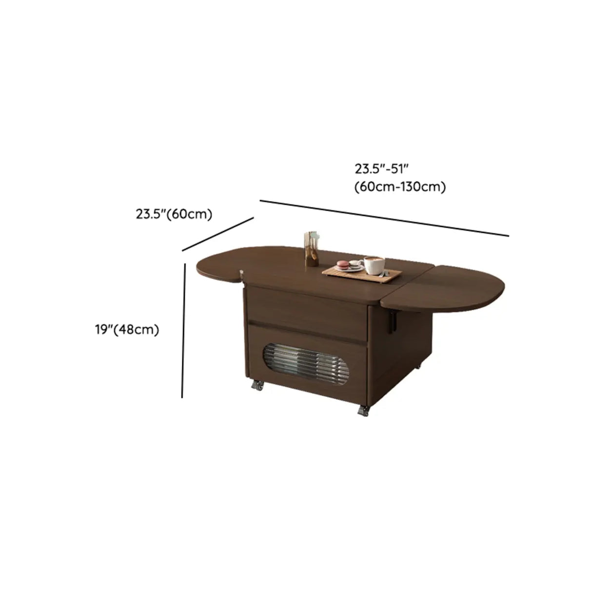 Foldable Oval Brown Wood Drawer Coffee Table with Wheel