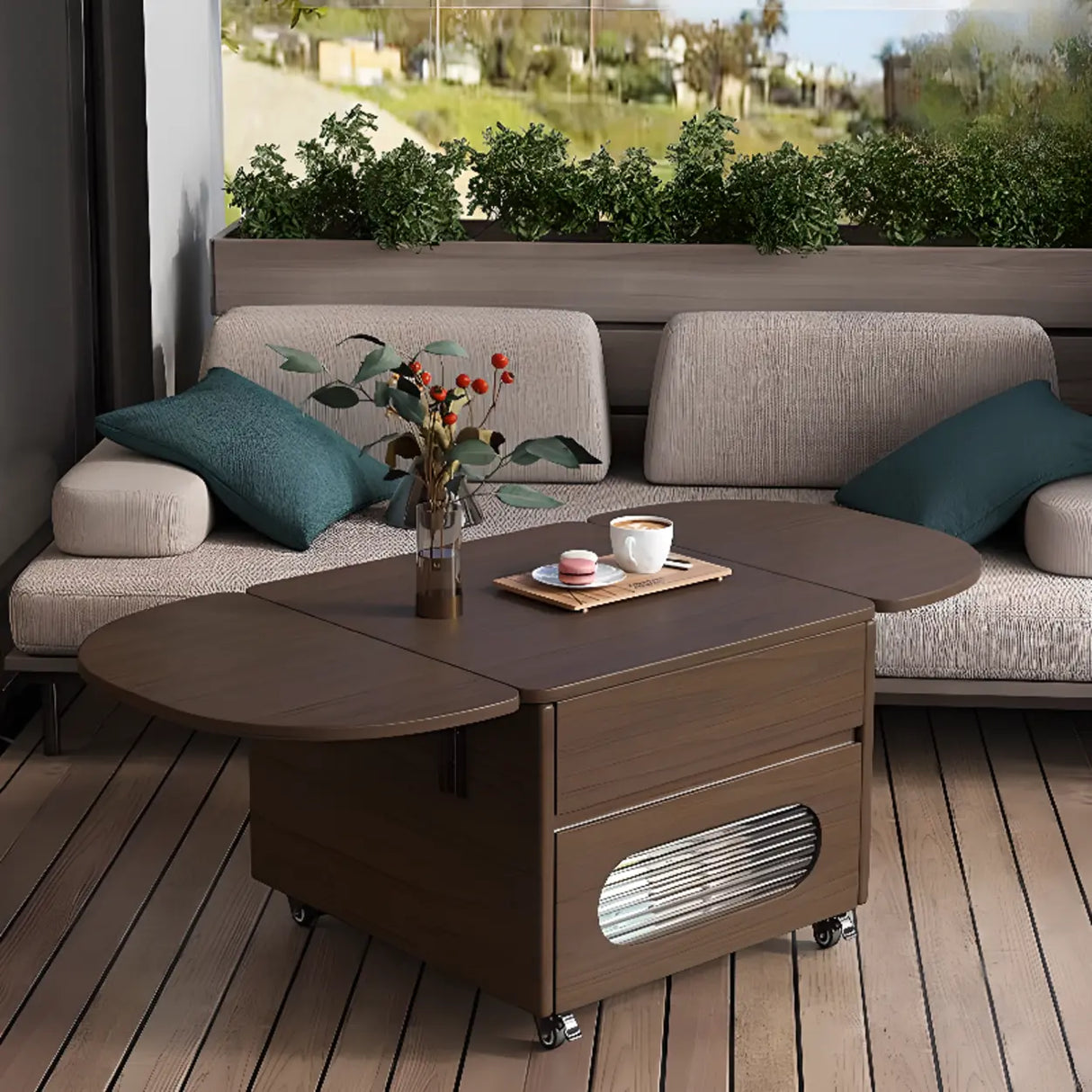 Foldable Oval Brown Wood Drawer Coffee Table with Wheel Image - 1