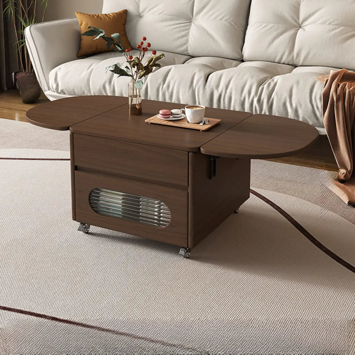 Foldable Oval Brown Wood Drawer Coffee Table with Wheel Image - 2