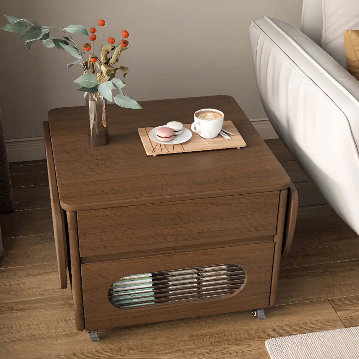 Foldable Oval Brown Wood Drawer Coffee Table with Wheel Image - 3