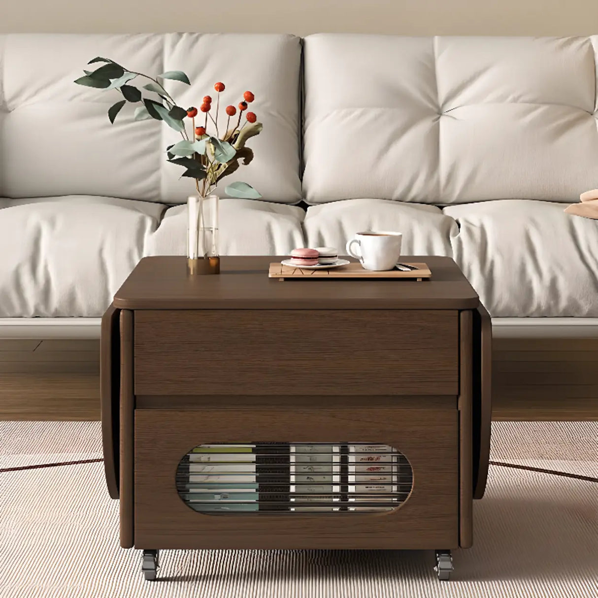 Foldable Oval Brown Wood Drawer Coffee Table with Wheel Image - 4