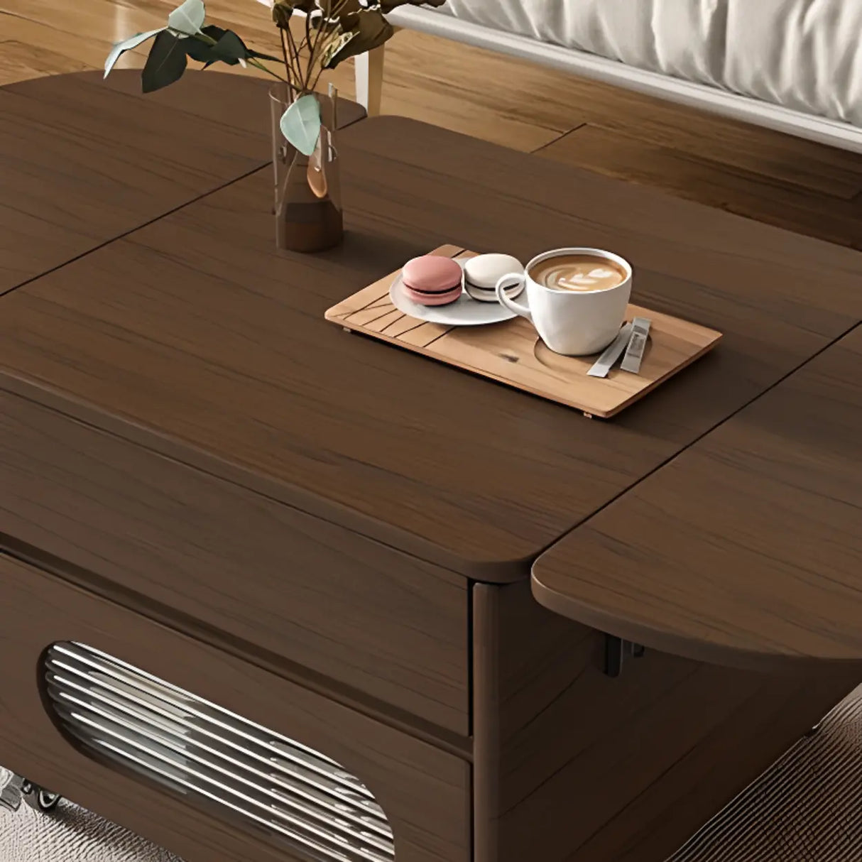 Foldable Oval Brown Wood Drawer Coffee Table with Wheel Image - 7