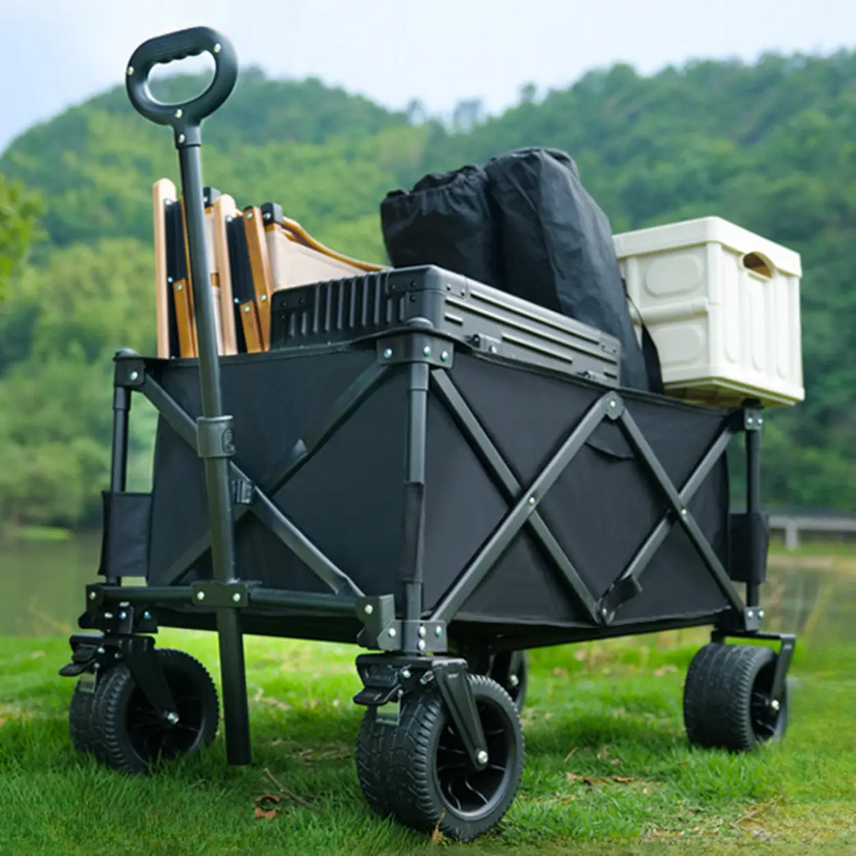 Foldable Removable Black Metal Wagon Cart with Casters Image - 1