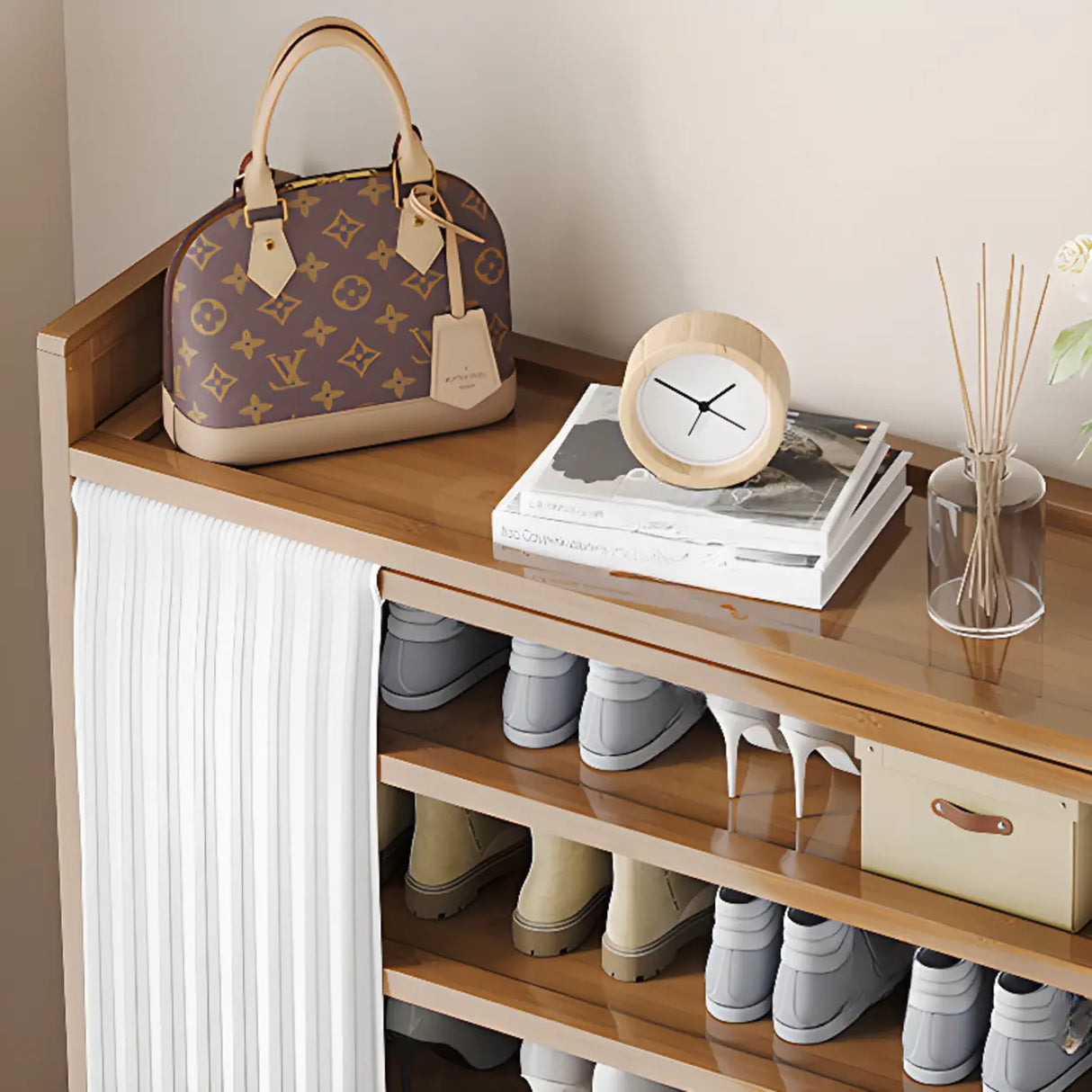 Foldable Tall Brown Bamboo Storage Freestanding Shoe Rack Image - 11