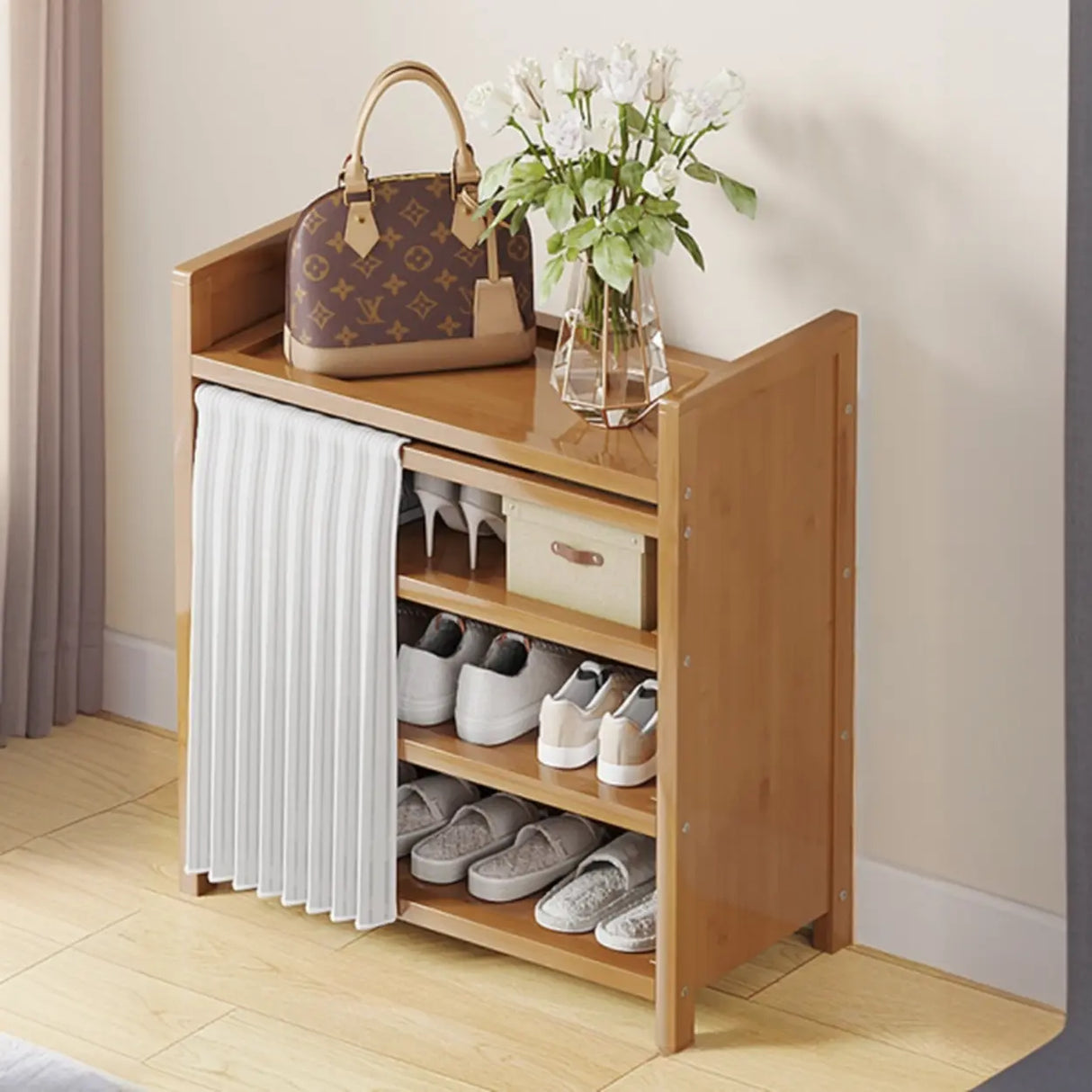 Foldable Tall Brown Bamboo Storage Freestanding Shoe Rack Image - 16