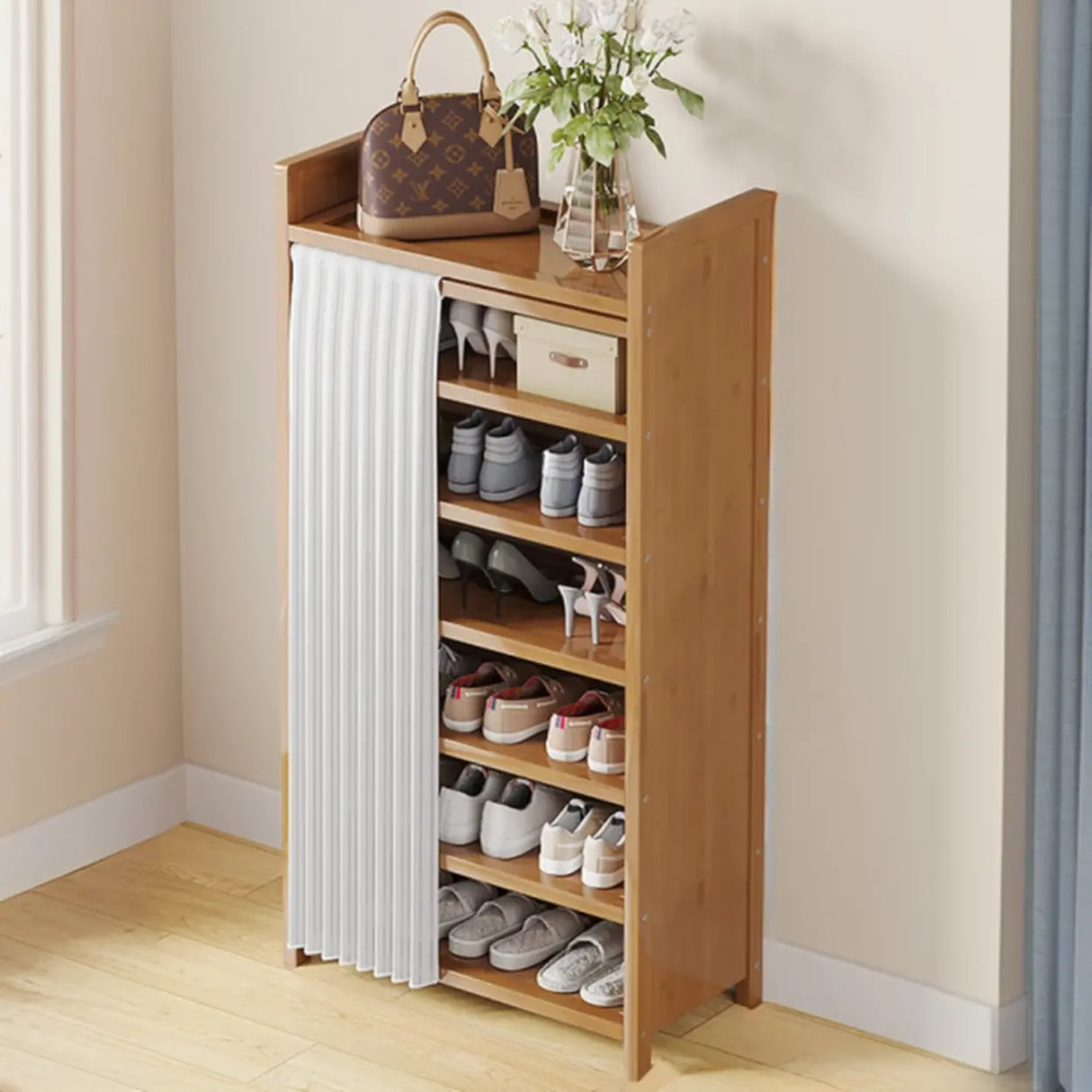 Foldable Tall Brown Bamboo Storage Freestanding Shoe Rack Image - 17