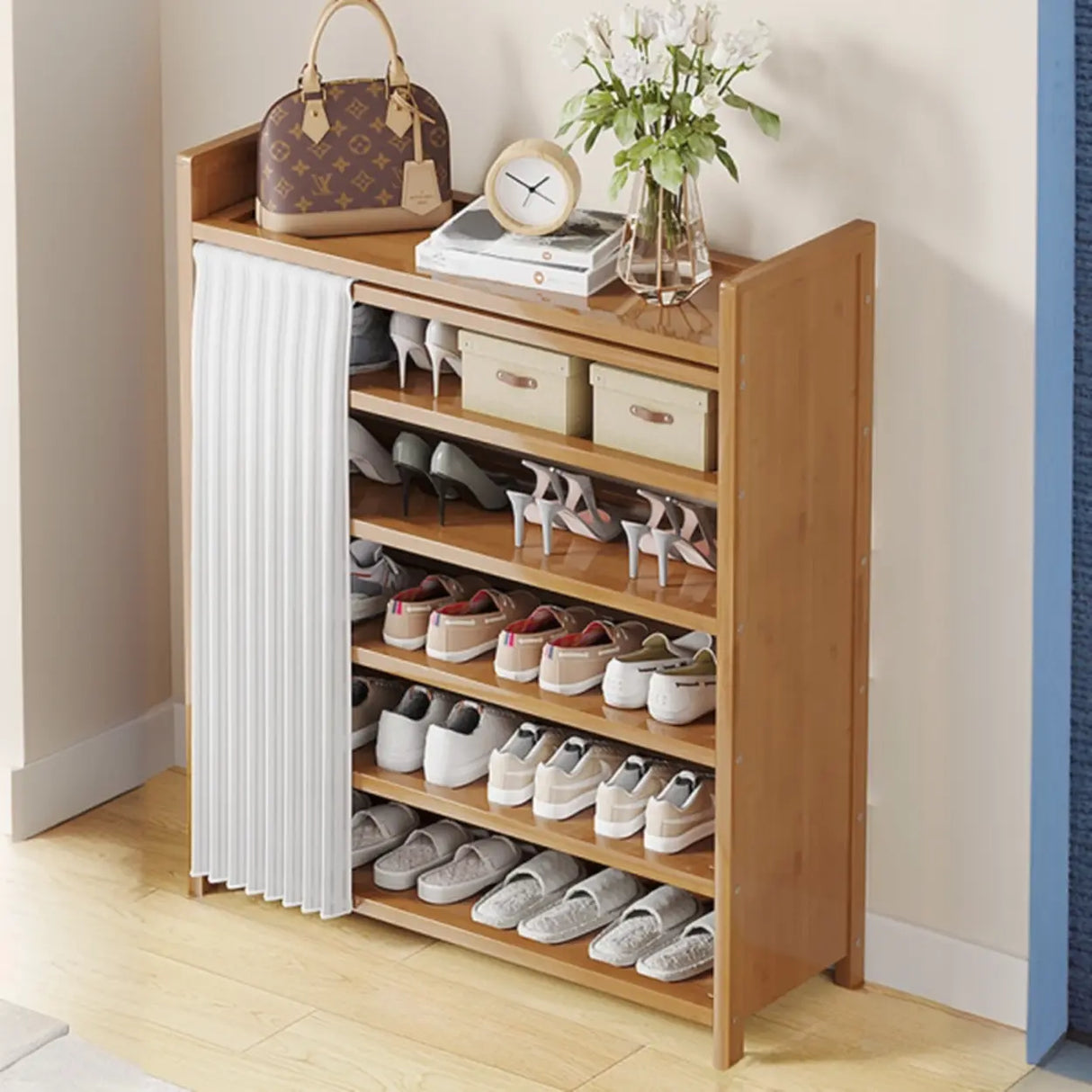 Foldable Tall Brown Bamboo Storage Freestanding Shoe Rack Image - 18