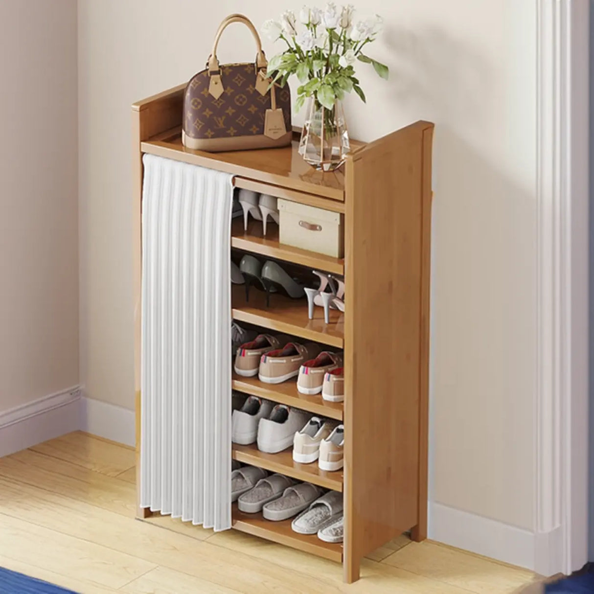 Foldable Tall Brown Bamboo Storage Freestanding Shoe Rack Image - 19