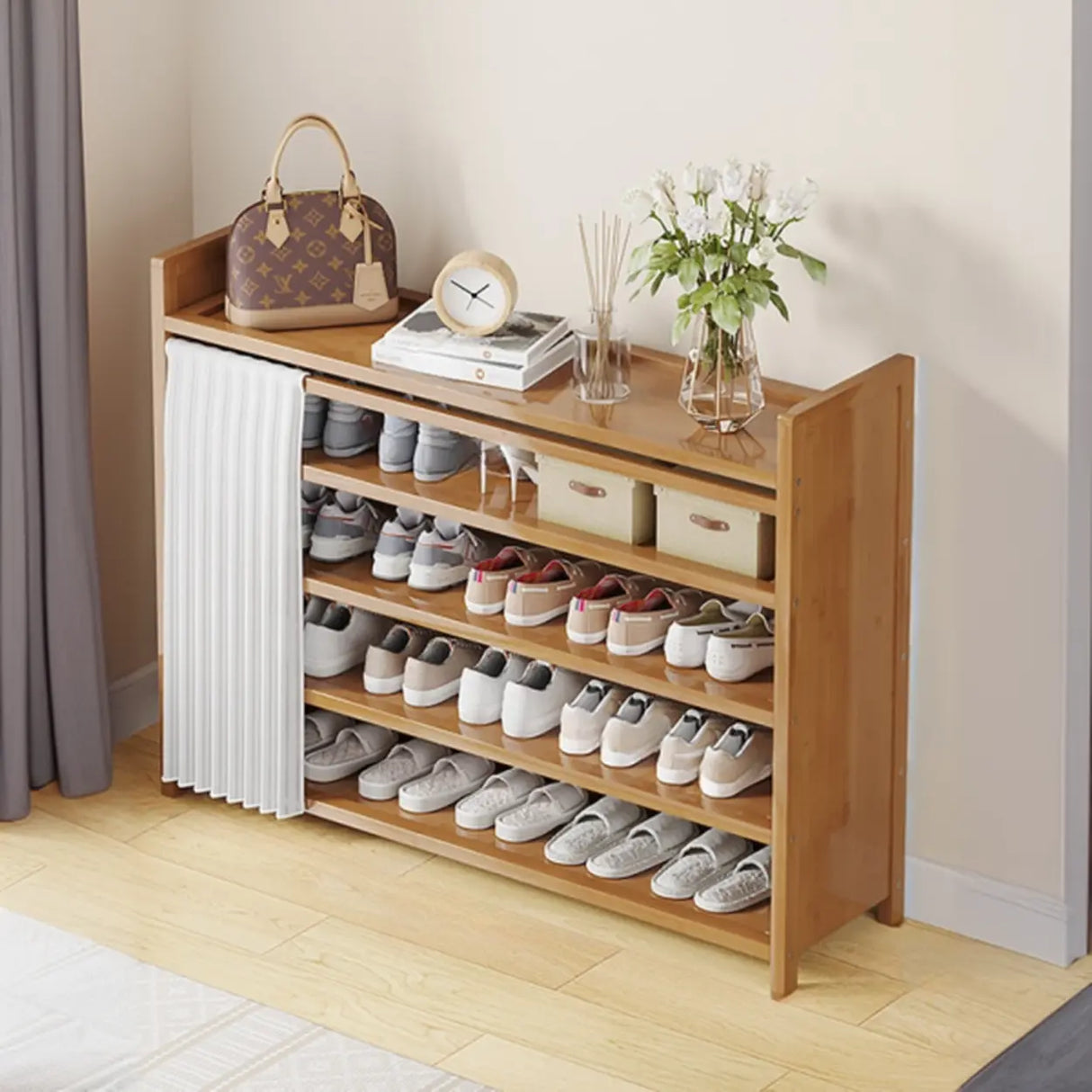 Foldable Tall Brown Bamboo Storage Freestanding Shoe Rack Image - 20