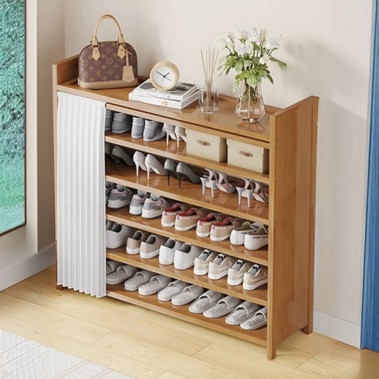 Foldable Tall Brown Bamboo Storage Freestanding Shoe Rack Image - 21