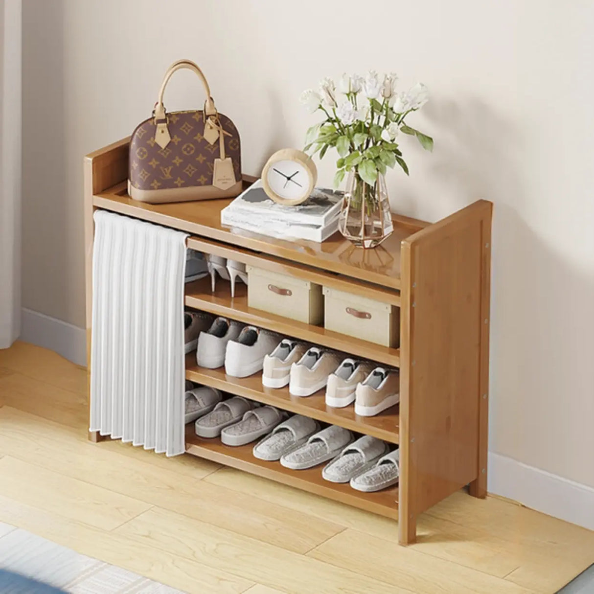 Foldable Tall Brown Bamboo Storage Freestanding Shoe Rack Image - 22