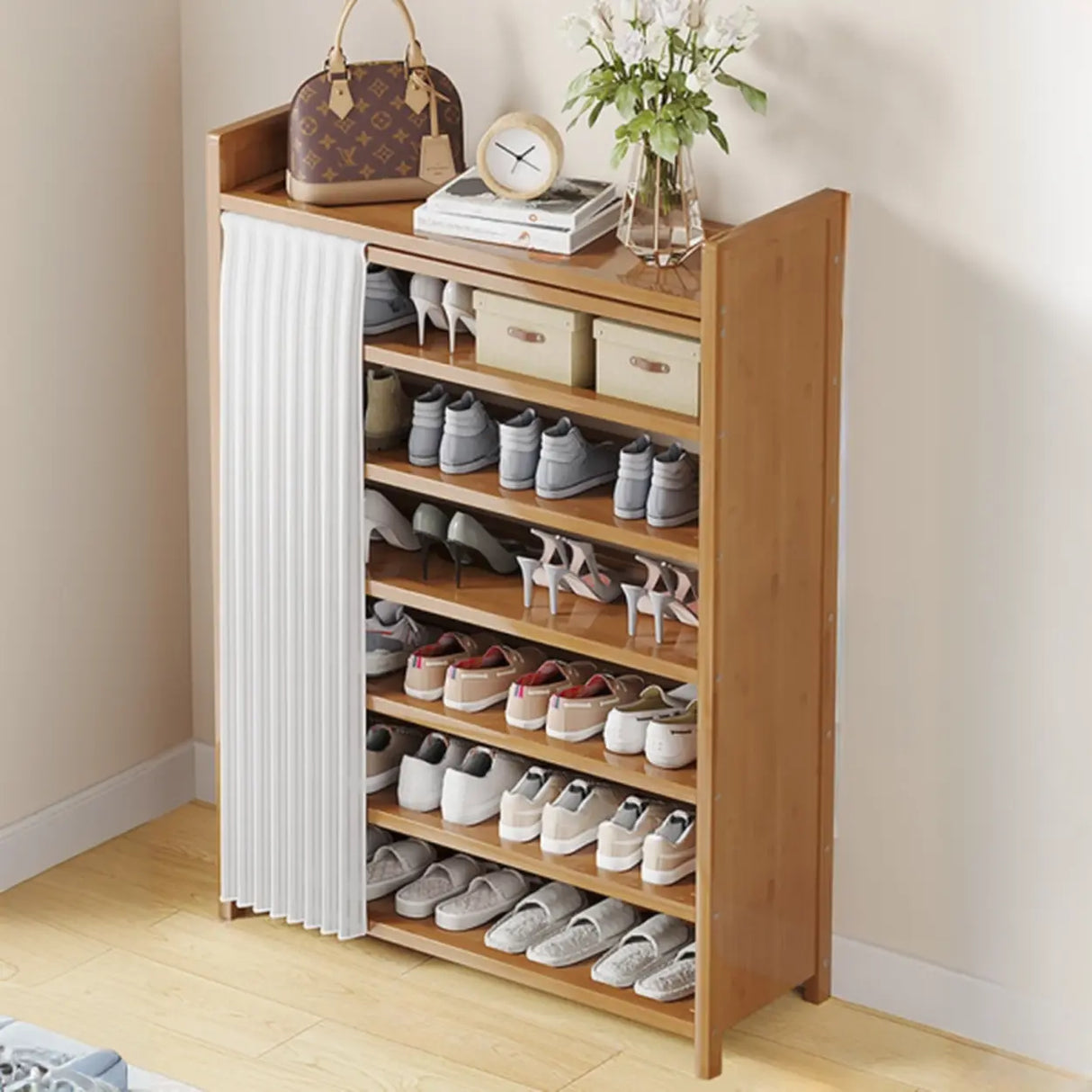 Foldable Tall Brown Bamboo Storage Freestanding Shoe Rack Image - 23