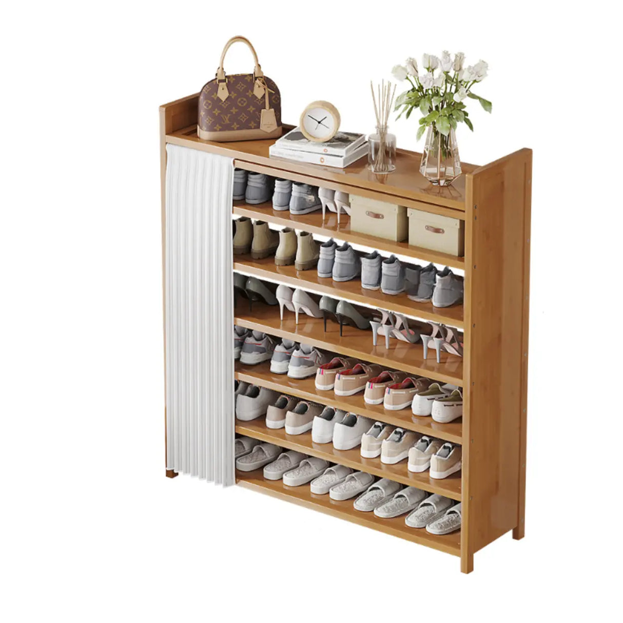 Foldable Tall Brown Bamboo Storage Freestanding Shoe Rack Image - 24