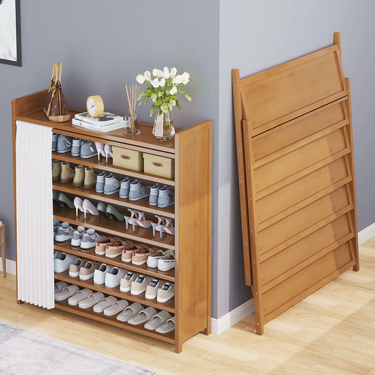 Foldable Tall Brown Bamboo Storage Freestanding Shoe Rack Image - 2